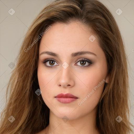 Neutral white young-adult female with long  brown hair and brown eyes