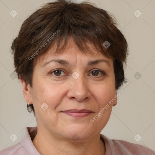 Joyful white adult female with short  brown hair and brown eyes