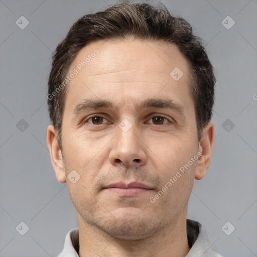 Neutral white adult male with short  brown hair and brown eyes