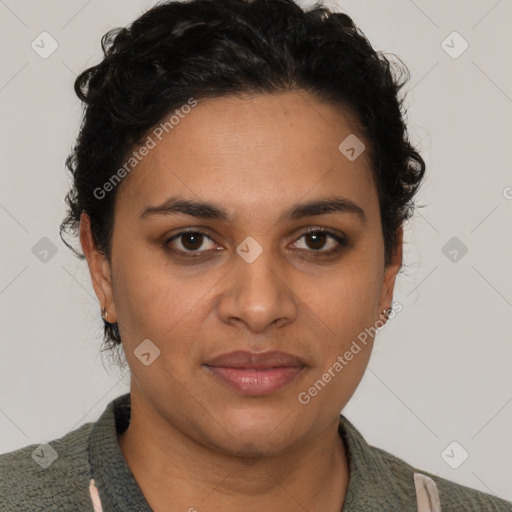 Joyful latino young-adult female with short  brown hair and brown eyes