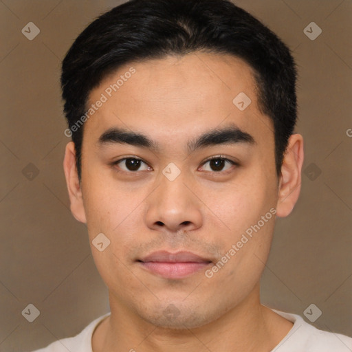 Neutral asian young-adult male with short  black hair and brown eyes