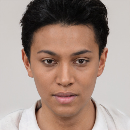 Neutral latino young-adult female with short  black hair and brown eyes