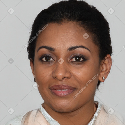 Joyful latino young-adult female with short  brown hair and brown eyes