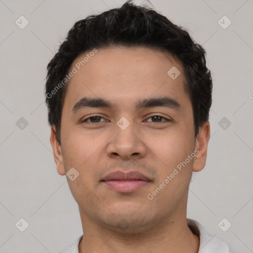 Neutral latino young-adult male with short  black hair and brown eyes