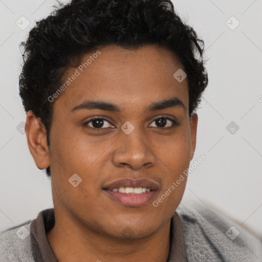 Joyful black young-adult male with short  brown hair and brown eyes