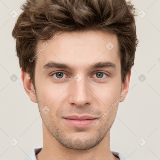 Neutral white young-adult male with short  brown hair and grey eyes