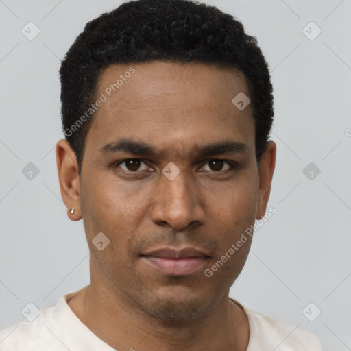 Neutral latino young-adult male with short  black hair and brown eyes