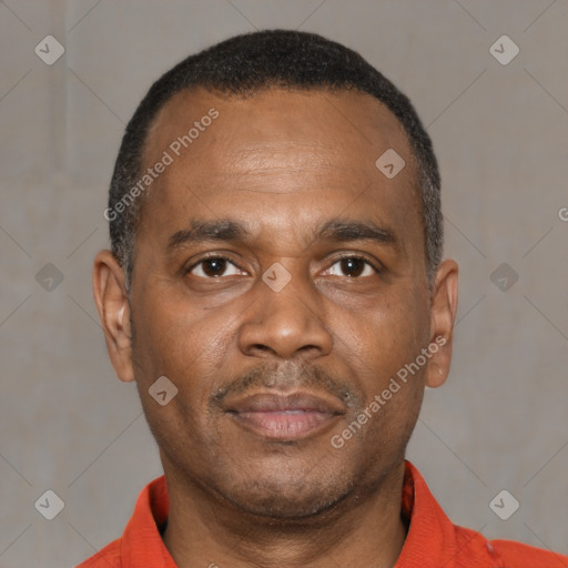 Neutral latino adult male with short  black hair and brown eyes