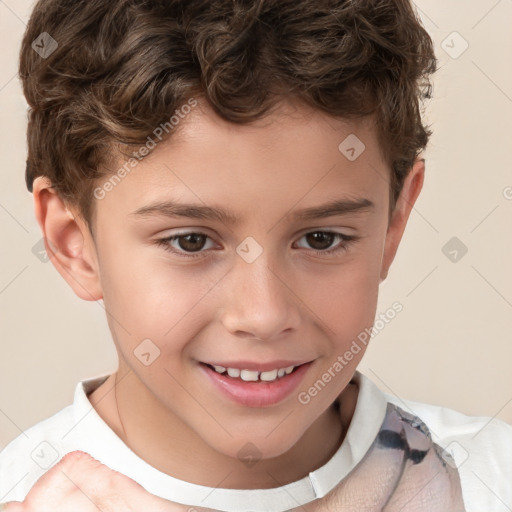 Joyful white child male with short  brown hair and brown eyes