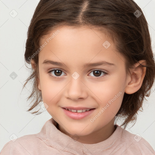 Joyful white child female with medium  brown hair and brown eyes