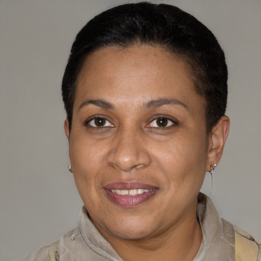 Joyful latino adult female with short  brown hair and brown eyes