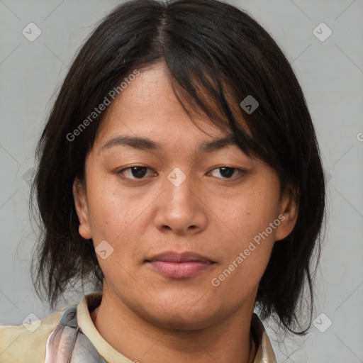 Neutral asian young-adult female with medium  brown hair and brown eyes