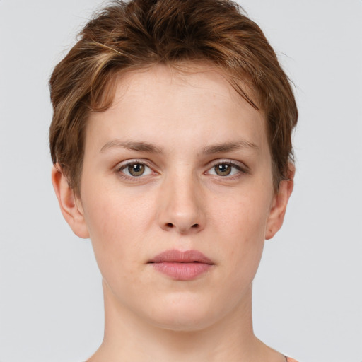 Neutral white young-adult female with short  brown hair and grey eyes