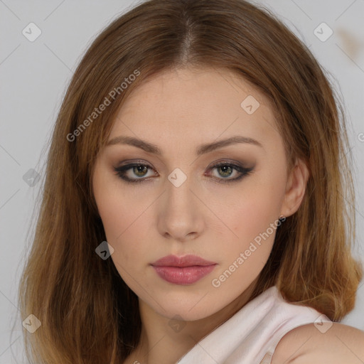 Neutral white young-adult female with long  brown hair and brown eyes