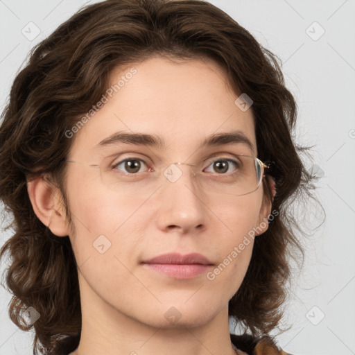 Neutral white young-adult female with medium  brown hair and brown eyes