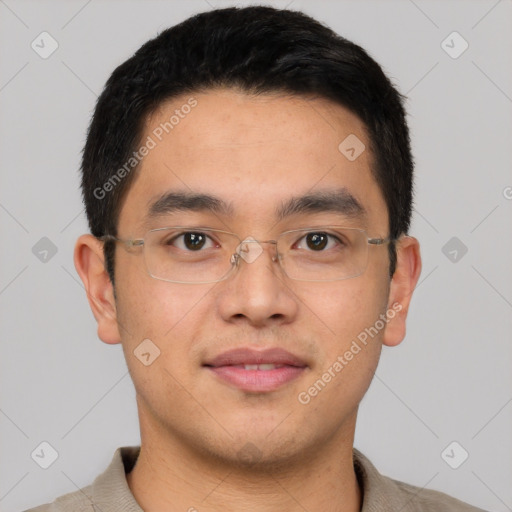 Neutral asian young-adult male with short  brown hair and brown eyes