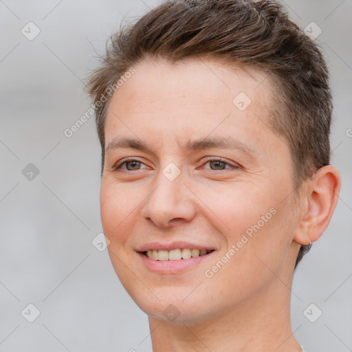 Joyful white young-adult female with short  brown hair and brown eyes