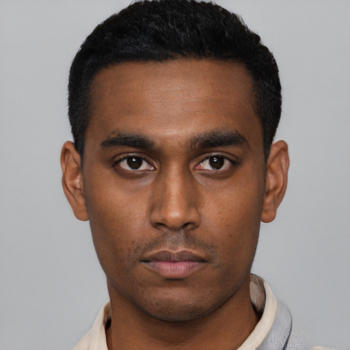 Neutral black young-adult male with short  black hair and brown eyes