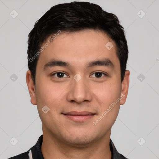 Joyful white young-adult male with short  black hair and brown eyes