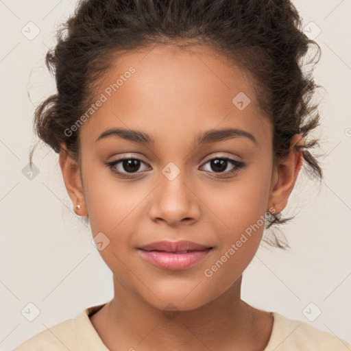 Joyful white child female with medium  brown hair and brown eyes