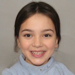 Joyful white child female with medium  brown hair and brown eyes