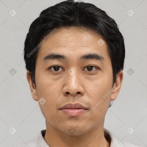 Neutral asian young-adult male with short  black hair and brown eyes