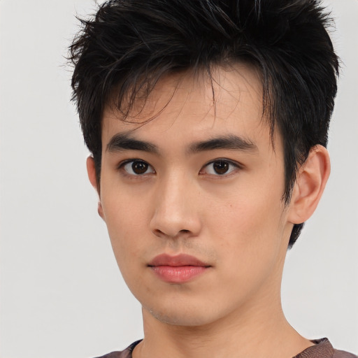 Neutral asian young-adult male with short  black hair and brown eyes
