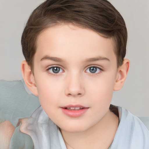 Joyful white child female with short  brown hair and brown eyes