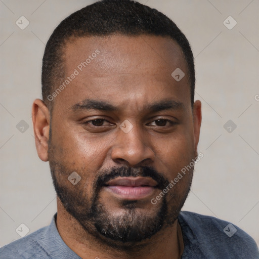 Joyful latino adult male with short  brown hair and brown eyes