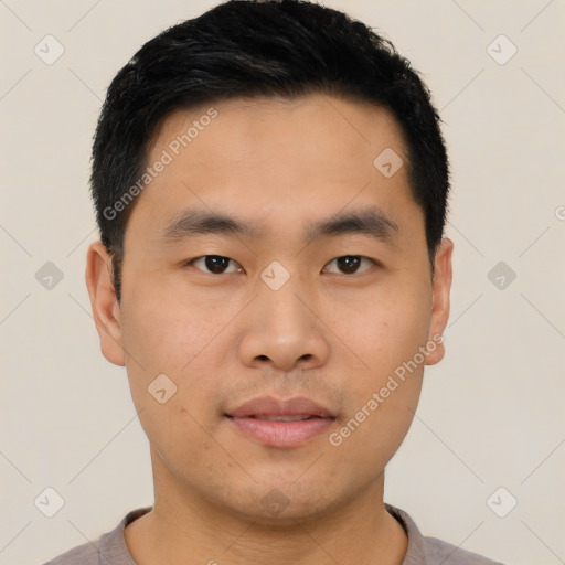 Neutral asian young-adult male with short  black hair and brown eyes