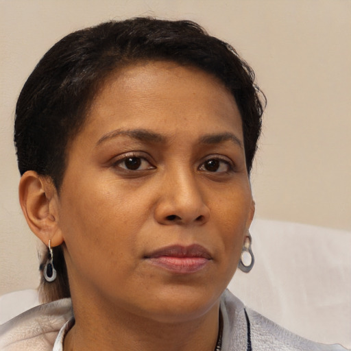 Neutral latino adult female with short  brown hair and brown eyes