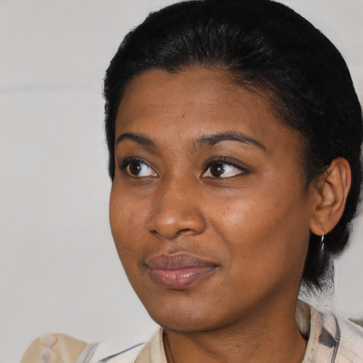 Neutral asian young-adult female with short  black hair and brown eyes