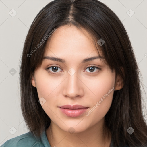 Neutral white young-adult female with long  brown hair and brown eyes