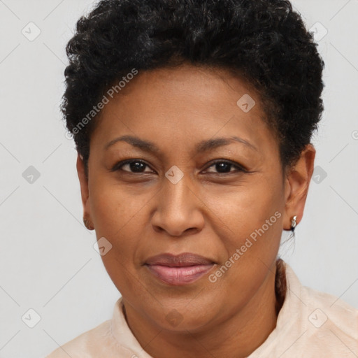 Joyful black adult female with short  brown hair and brown eyes