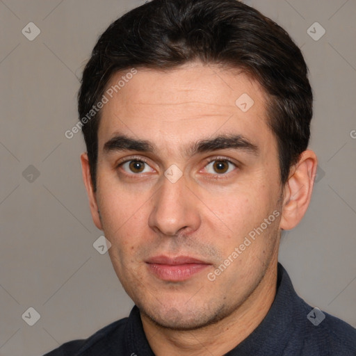 Neutral white adult male with short  brown hair and brown eyes