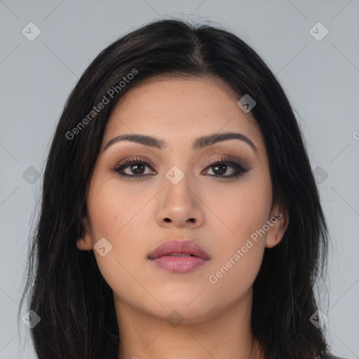 Neutral asian young-adult female with long  brown hair and brown eyes