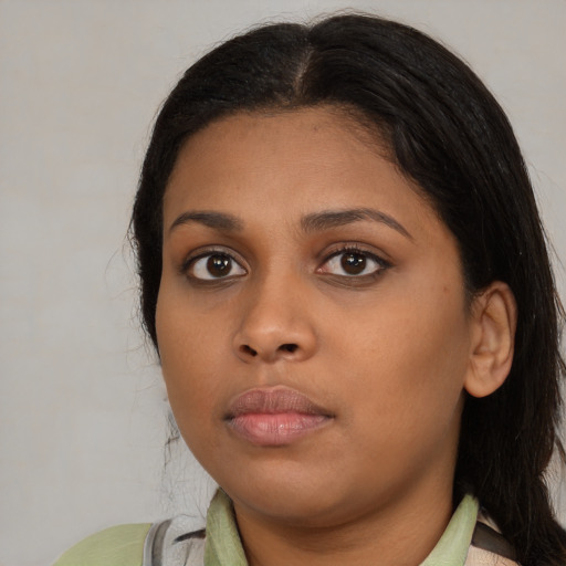 Neutral asian young-adult female with medium  black hair and brown eyes