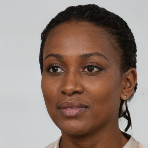 Joyful black young-adult female with short  black hair and brown eyes