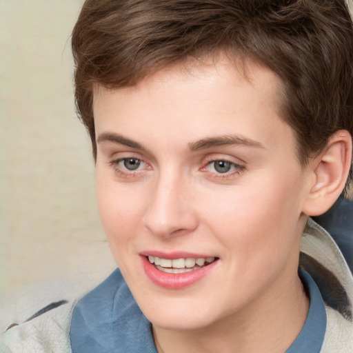 Joyful white young-adult female with medium  brown hair and blue eyes