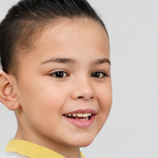 Joyful white child female with short  brown hair and brown eyes