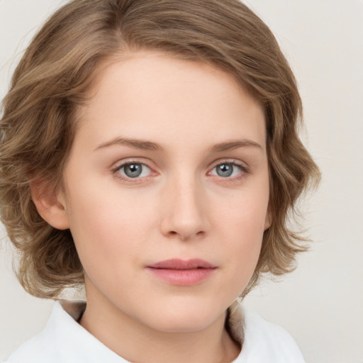 Neutral white young-adult female with medium  brown hair and blue eyes