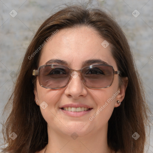 Joyful white young-adult female with medium  brown hair and blue eyes