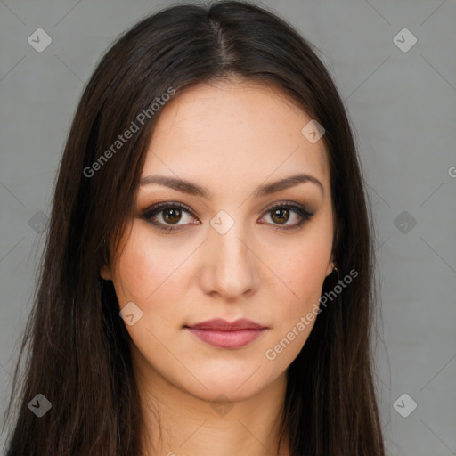 Neutral white young-adult female with long  brown hair and brown eyes