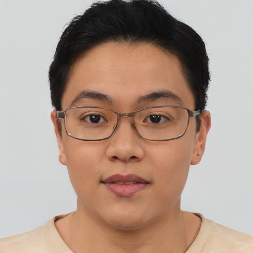 Neutral asian young-adult female with short  brown hair and brown eyes