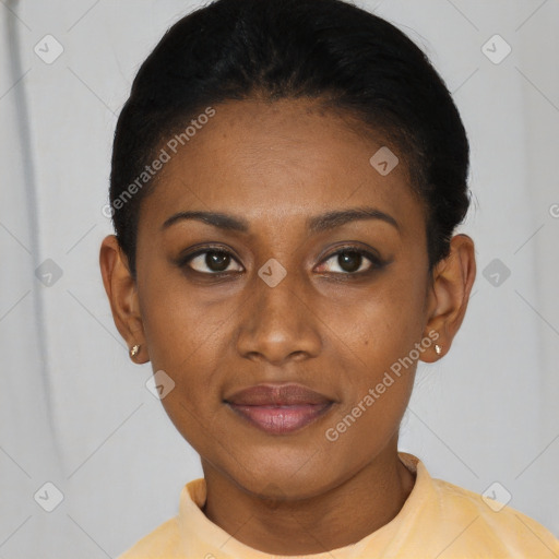 Joyful latino young-adult female with short  black hair and brown eyes