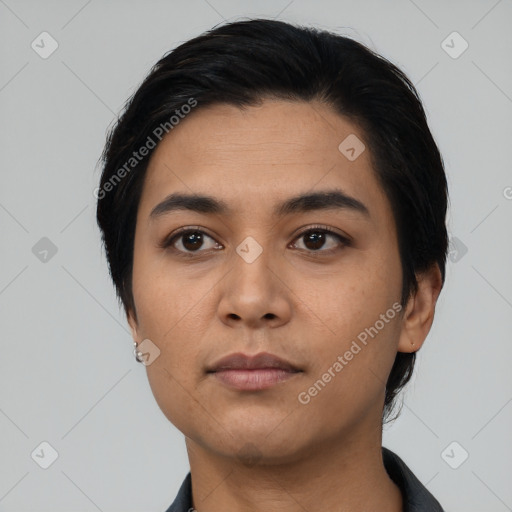 Neutral asian young-adult female with short  black hair and brown eyes