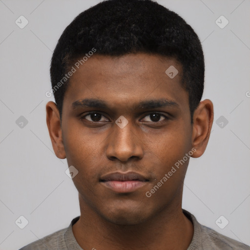 Neutral black young-adult male with short  black hair and brown eyes