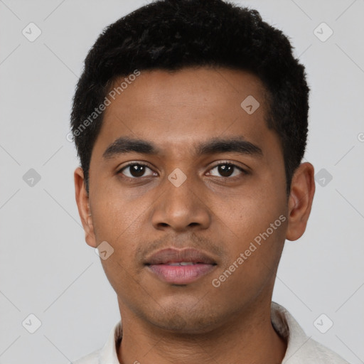 Neutral latino young-adult male with short  black hair and brown eyes