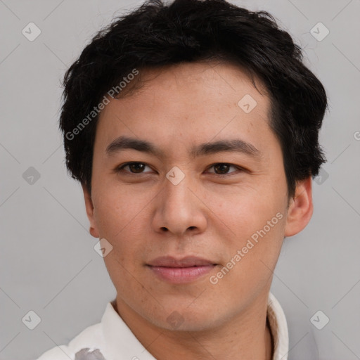Neutral asian young-adult male with short  brown hair and brown eyes