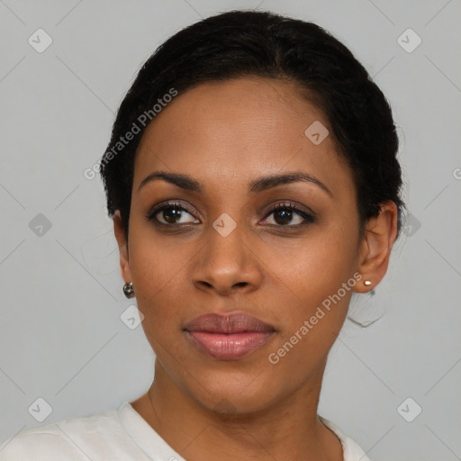 Neutral black young-adult female with short  black hair and brown eyes